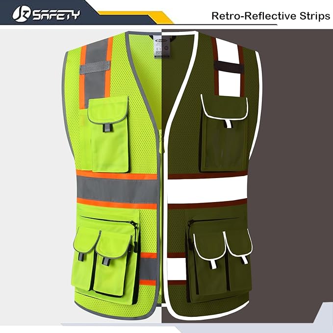 JKSafety 10 Pockets Hi-Vis Neon Color Frontal Zipper Mesh Safety Vest for Men Women Safety Utility for works Comply to ANSI/ISEA Class 2 (86-Yellow L)