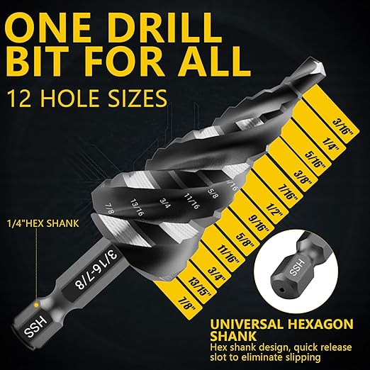 Four Spiral Flute Step Drill Bit, HSS Step Drill Bits (3/16"-7/8") Unibit Step Drill Bit, 1/4" Shank Step Bits for Aluminum, Wood, Plastic, Metal