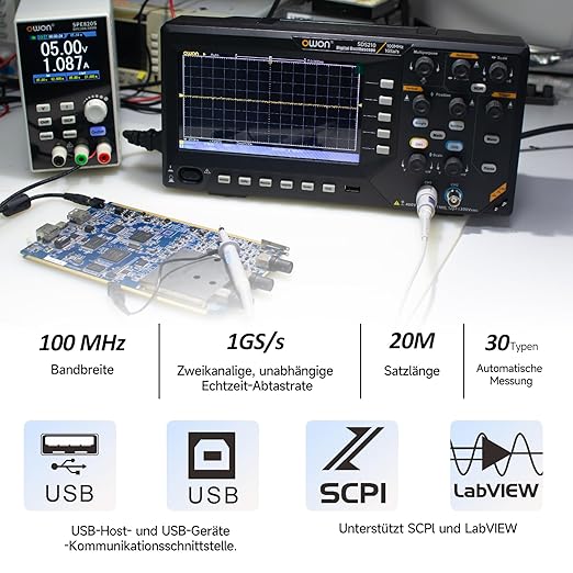 OWON Digital Oscilloscope with Dual-Channel Channels and Screen 7 inch / 18 cm, TFT-LCD Display, Portable Professional Oscilloscope Kit with 1GS/s Sampling Rate, Bandwidth 100MHz,SDS210