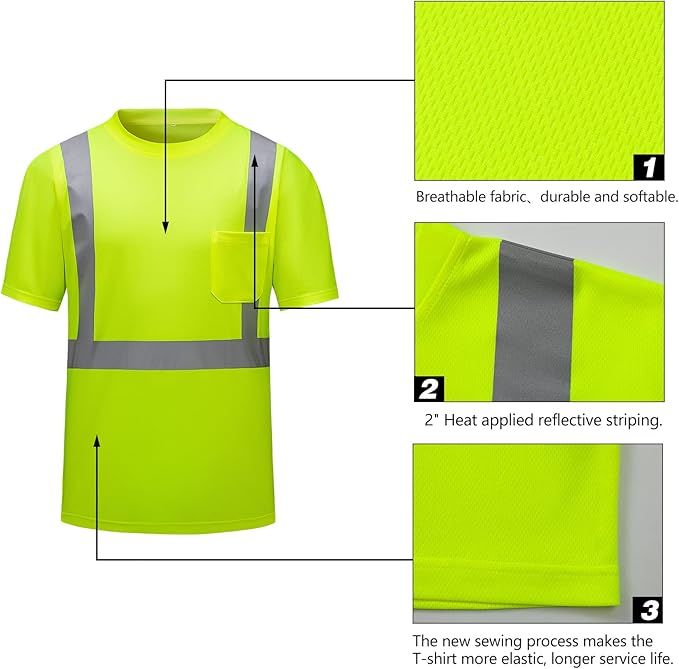 High Visibility Shirts Quick Dry Safety T Shirts with Reflective Strips and Pocket Short Sleeve Mesh Hi Vis Construction Work Class 2 Shirt for Men/Women Lime,5XL