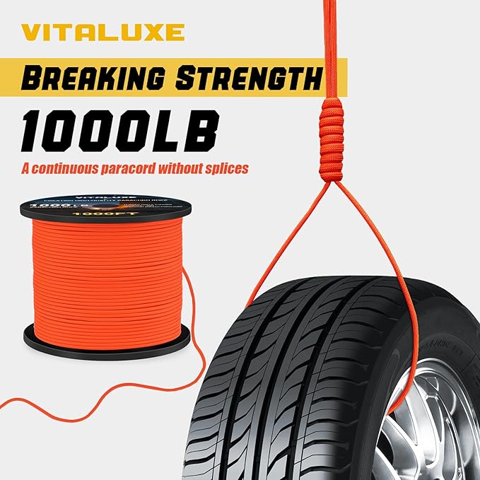 1000lb Paracord Rope, 4mm 12 Triple Strands Paracord, Heavy Duty Tactical Parachute Cord for Survival Gear, Camping, Hiking, and Ideal for Bracelets, Lanyards, Type III
