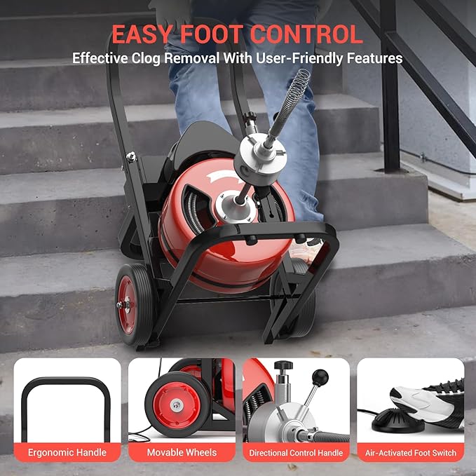75Ft 1/2 Inch Cable Drain Cleaning Machine, 450W Auto Feed Portable Electric Sewer Snake, Electric Drain Auger with 6 Cutter Air-Activated Foot Switch for 2" to 4" Pipes
