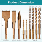 9Pcs SDS-Plus Rotary Hammer Drill Bits and Chisel Set, 3/8 1/4 3/16 5/16 1/2 inch Drill Bits, 2 Flat and 1 Point Chisel for Concrete Stone Brick