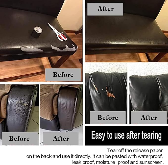 Self-Adhesive Leather Repair Patch Kit for Furniture, Sofa, Couch, Car Seats, 3.9X78.7 Inch Waterproof PU Vinyl Repair Tape, Strong Adhesive (Black)