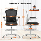 Ergonomic Drafting Chair, Tall Office Chair with Flip-up Armrests, Breathable Mesh High Desk Chair with Lumbar Support Adjustable Footrest Ring for Standing Desk Grey Black