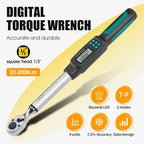 1/2" Drive Digital Torque Wrench with 10-200Nm (7.4-147ft-lb) Range, ±2% Calibrated Accuracy, Smart LED & Buzzer Duo-Alert, and Memory Function for Reliable Automotive, Car, and Truck Lug Nuts