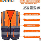 A-SAFETY High visibility vest,Reflective Safety Vest Workwear 7 Pockets Hi Vis Durable Vest with Reflective Tapes 4 Lower Pockets,Orange&Navy M