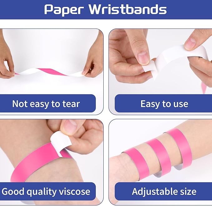 2000 Pcs Paper Wristbands for Events Waterproof Neon Pink Wrist Bands Adhesive Concert Identification Wristbands Hand Bands for Events(Pink)