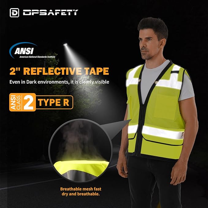 Reflective Safety Vest With Back Pocket, Heavy Duty Surveyor Vest High Visibility Class 2, Construction Work Vest Men&Women (Lime, XL)