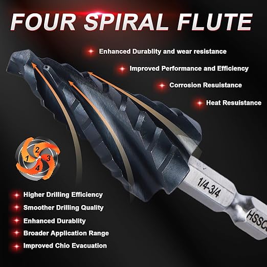 Step Drill Bits M35 Four Spirl Flute Cobalt Step Drill Bits Set 1/8"-1/2" （13 Sizes ） Wear-Resistant TiAlN Coated,1/4" Hex Shank Drill for Metal, Stainless Steel, Aluminum, Plastic