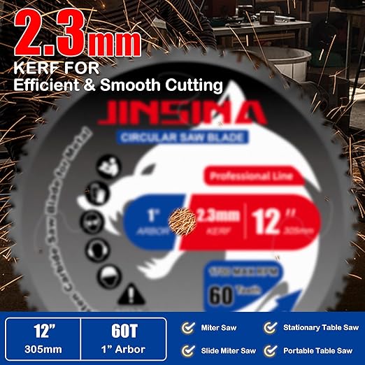 12" Miter Table Saw Blade, TCT Metal Cutting Saw Blades with 60T & 1" Arbor, Professional for Iron Steel Aluminum Stainless Steel Ferrous Metals