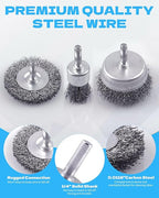 Rocaris 7-Pack Carbon Steel Wire Wheel Brush Set - Cup, Wheel, Pen Brushes with 1/4-Inch Round Shank for Rust Removal, Corrosion and Scrubbing Surfaces