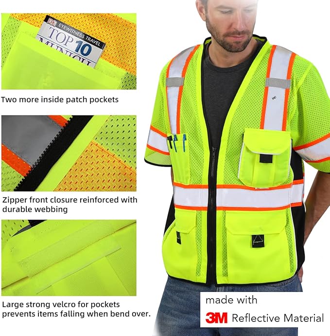 Dib Safety Reflective Mesh Vest ANSI Class 3, High Visibility with Pockets and Zipper, Made with 3M Reflective Tape, Yellow 3XL