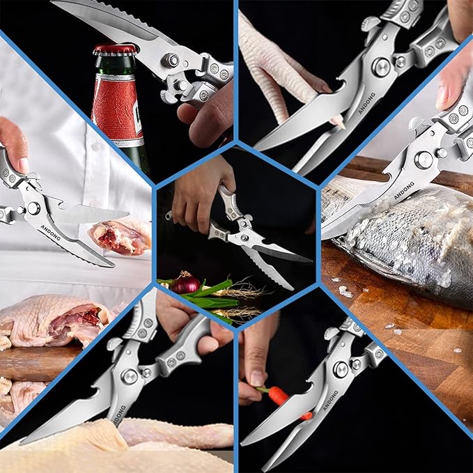 ANDONG Heavy Duty Professional Poultry Shears -Stainless Steel Kitchen & Meat Scissors with Leather Sheath, Dishwasher Safe Spring Loaded Utility Shears for Cooking, Butchering, Cutting