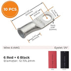 SELTERM 10pcs - 6 Awg - 1/4" Stud - Battery Lugs - Ring Terminal Connectors | with 12pcs 3:1 Black & Red Heat Shrink Tubing with Adhesive | Heavy Duty Battery Cable Ends - Tinned Copper Wire Lugs Kit