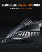 ZELCAN 19 Sizes M35 Cobalt Step Drill Bit, 3/16" to 1-3/8" Four Spiral Flute Drill Bit for Metal, Titanium-Coated HSS Step Bit with 2/5" Tri-Flat Shank for Stainless Steel Aluminum Copper Wood Plastic