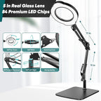 10X Magnifying Glass with Light and Stand，Real Glass Lens 5 Color Modes Dimmable LED Lighted Magnifier with Swing Arm Hands Free Magnifying Desk Lamp for Crafts Sewing Painting Reading Close Work