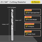 Drill Bit, 21/64" Cutting Diameter, 4241 HSS 118° Cutting Angle Uncoated Bright Versatile Jobber Bits - (Applications: for Drilling Plastic Wood Soft Metal), 6-Pieces
