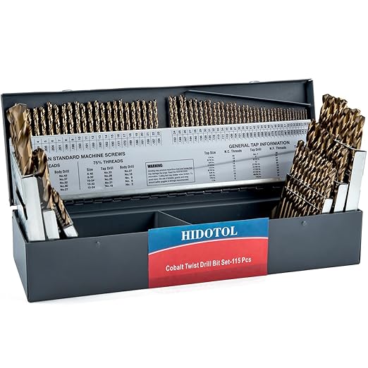 115PCS Cobalt Drill Bit Set M35 HSS for Hardened Steel Fractional 1/16"-1/2", Letter A - Z, Wire #1 - #60 with Indexed Metal Case