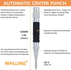 2-Piece Automatic Center Punch, 5 inch Spring Loaded Center Hole Punch with Adjustable Stroke Punch Tool for Metal Wood Glass Plastic, Metal Punch Tool for Woodworking