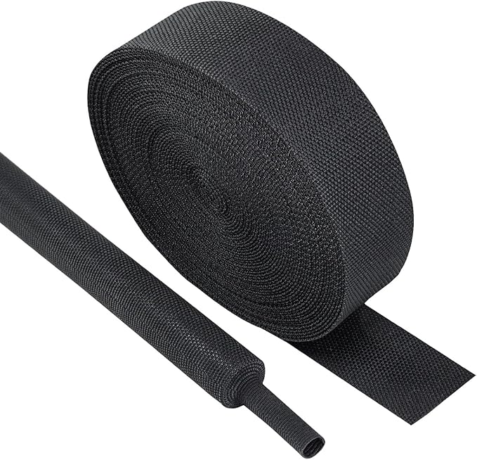 Black 2:1 Ratio Automotive Heat Shrink Braided Sleeving,Wear-Resistant Flat Woven Shrinkable Sleeve Fabric Car Cable Wires Hoses Protection (1"-35ft)