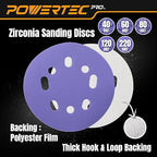 POWERTEC PRO 50PK, 5 Inch Sanding Discs Hook and Loop, 40/60/80/120/220 Grit, Zirconia Orbital Sander Sandpaper for 5 & 8 Hole Random Orbital Sanders-Automotive, Paint, Metal, Woodworking (45300Z-50)