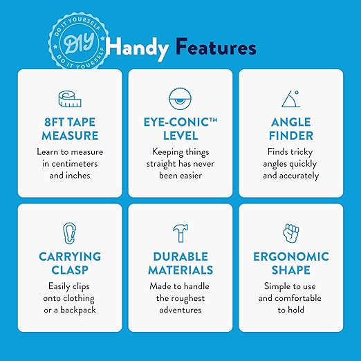 Handy Famm 8Ft Animal Shaped Kids Tape Measurer, Fun Level and Protractor Angle Finder, Educational Children's Tools, Small Measuring Tapes for Learning Early Math Skills, Ages 3 and up, Blue Bird