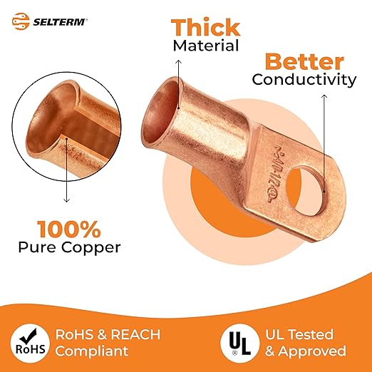 SELTERM 5pcs 4/0 AWG 1/2" Stud Copper Wire Lugs, Ring Terminals, Battery Cable Ends, 0000 Gauge Ring Terminal Connectors, UL Heavy Duty Bare Copper Eyelets Battery Terminal Connectors