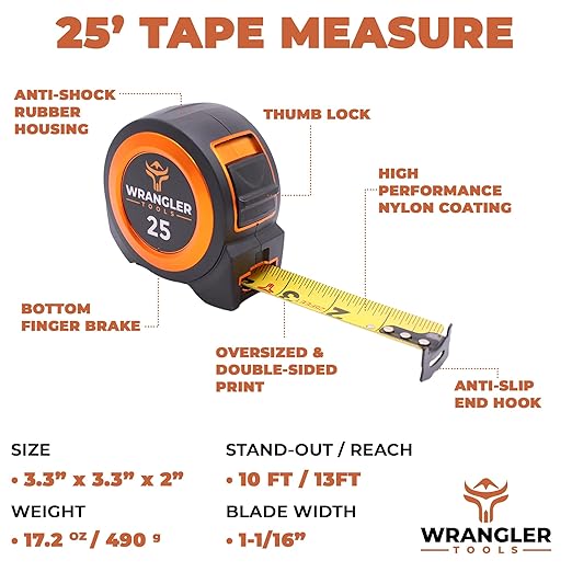 25 FT Tape Measure - Retractable Measuring Tape - Oversized & Double-Sided Print - Blade Lock, Finger Brake - Nylon Coating, 10' Stand-Out - 13' Reach / 1-1/16" Blade - 2 Pack