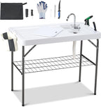 Dragosum Outdoor Sink Fish Cleaning Table Portable Camping Table with Faucet Hose Hook Up Grid Rack, Fish Fillet Camping Sink Table, Fish Cleaning Kit for Picnic Beach Patio