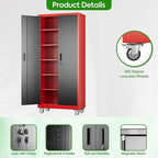 71" Metal Storage Cabinet with Wheels and Pegboard, Lockable Rolling Steel Storage Cabinet with 5 Adjustable Shelves and Door for Garage, Office, Kitchen, Assembly Required,Black and red