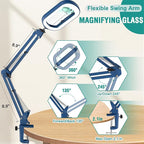 10X Rectangle Magnifying Glass with Light, 5 Color Modes Stepless Dimmable Magnifier with Stand, LED Lighted Clamp Desk Lamp with Swing Arm, Hands Free for Reading Painting Close Work - Blue