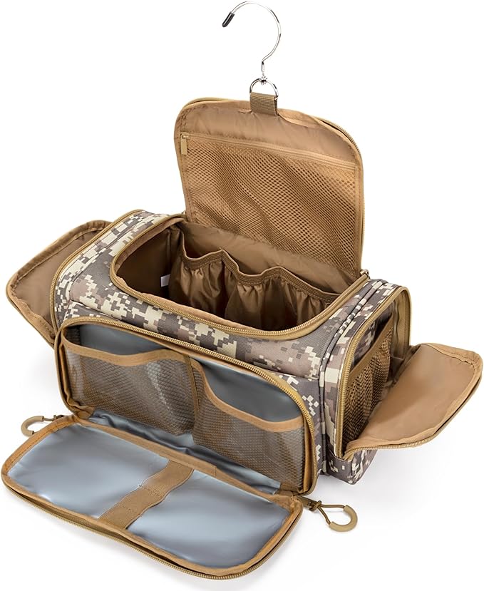 Tactical Toiletry Bag for Men, Hanging Hygiene Bag, Travel Dopp Kit Organizer for Shaving, Shower Essentials and Toiletries, Desert Yellow (Empty Bag)