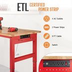 SPECRAFT Red Adjustable Heavy Duty Workbench with 4 AC Outlet and 2 USB Ports Power Outlets, 2000 Lbs Capacity, Rubber Wood Top for Garage, Workshop, Office