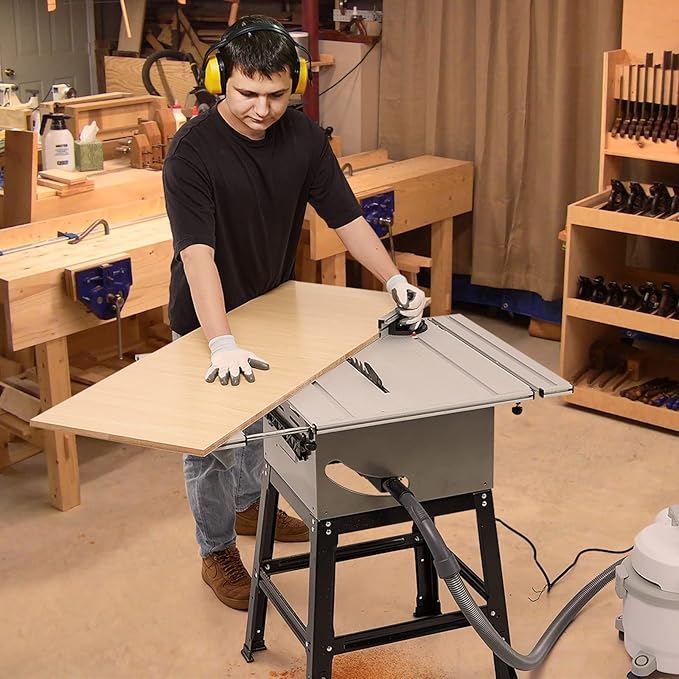 10 Inch Table Saw with Stand, 15 Amp 5000RPM Portable Table Saw, 90°Cross Cut & 0-45°Bevel Cut, Adjustable Depth, Multifunctional Saw for Woodworking, Metal, Plastic, Grey