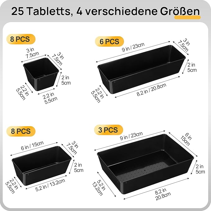 Vtopmart 25 PCS Office Desk Drawer Organizers Set, 4-Size Versatile Plastic Drawer Organizer Trays, Storage Bins for Desk Accessories Office Organizers and Storage, Bathroom, Makeup, Vanity, Black