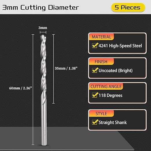 Drill Bit, 3mm Cutting Diameter, 4241 HSS 118° Cutting Angle Uncoated Bright Versatile Jobber Bits - (Applications: for Drilling Plastic Wood Soft Metal), 5-Pieces