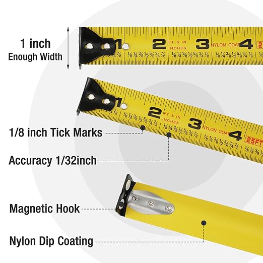 WORKPRO 25FT Pink Tape Measure, 1/8 Fractions Easy Read Measuring Tape, Retractable Nylon Coating Measurement Tape Accuracy 1/32, Magnetic Hook, Belt Clip, Rubber Protective Casing - Pink Ribbon