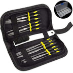 Wood Rasp File Kit - 12 Assorted Small Metal Needle Files Set with Bristle Brush and Hand Strap Carrying Case (Rasps included 2 Sizes of Flat, Pointed Flat, Round, Half Round, Square, Triangle)
