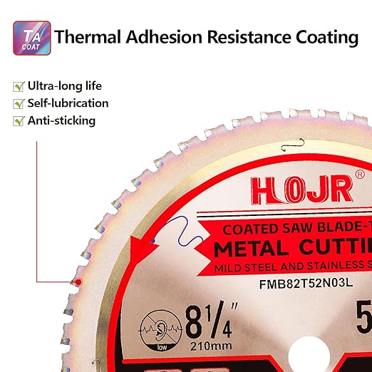 Metal Cutting Circular Saw Blade, Steel and Stainless Steel Cutting, The Cutting Head uses a Special Anti-Heat Sticking Coating with high Finish and Long Life, FMB 8-1/4 inch 52-Tooth 5/8" -TA