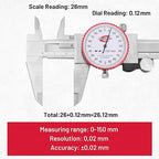 Metric Dial Caliper Measuring Tool 0-150mm Range, Analog Precision Caliper ±0.02mm Accuracy, Manual Mechanical Metal Stainless Steel Measuring Dial with 4-Way Measurements