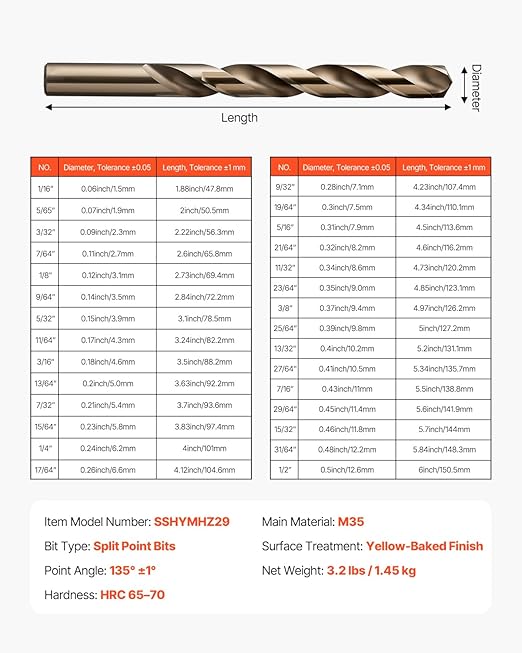 VEVOR Cobalt Drill Bit Set, 29Pcs (1/16" - 1/2") M35 High Speed Steel Cobalt Bits with Storage Case, 135 Degree Tip Twist Jobber Drill Bit for Metal, Stainless Steel, Aluminum Alloy, Wood, Plastic