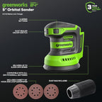 Greenworks 24V Cordless Orbital Sander, 5" Random Sanders Variable Speed, 11000 OPM, 3 Sandpaper Sheets, with 2Ah Battery and Charger