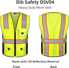 Dib Safety Vest Reflective Yellow Mesh, High Visibility Vest with Pockets and Zipper, ANSI Class 2 Heavy Duty, Made with 3M Reflective Tape 3XL