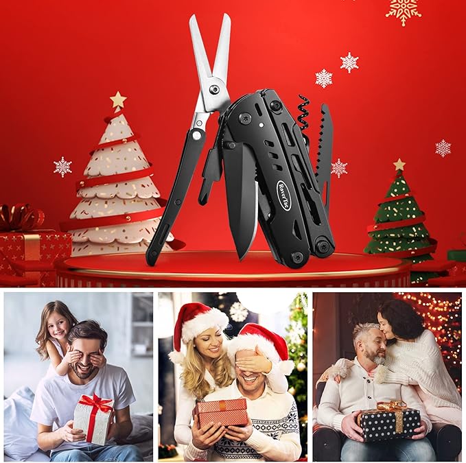RoverTac Multitool Pocket Knife Tactical Camping Survival Knife Gifts for Men Dad Husband 18 in 1 Multi Tool Knife Pliers Scissors Saw Corkscrew 9-Pack Screwdrivers with Safety Lock and Nylon Sheath