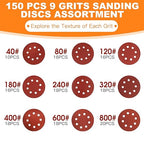 150 PCS 5 Inch Sanding Discs, Premium Orbital Sander Pads in 9 Different Grits - 40 80 120 180 240 320 400 600 800 Grit Hook and Loop Sandpaper for Random Orbital Sander