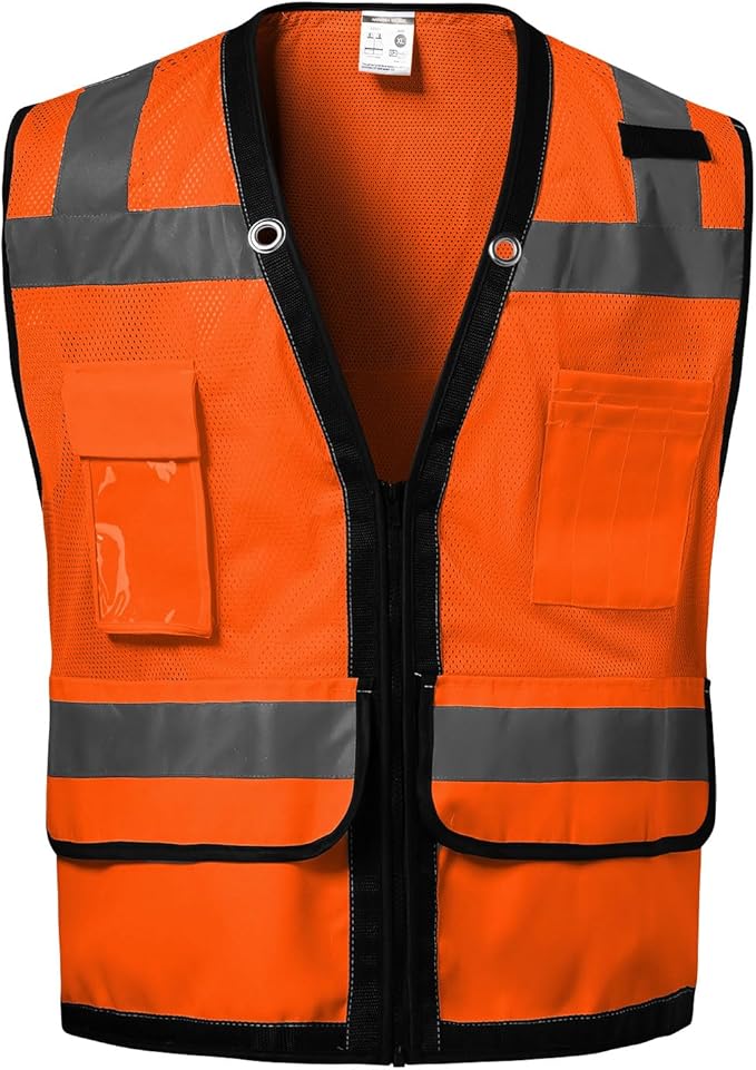 Reflective Safety vest With back plan pocket,High visibility Class 2 Heavy Duty Surveyor Vest with Zipper,Hi Vis Vest ANSI/ISEA Standard, Construction Work Vest for Men＆Women(Orange,5XL)