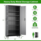 71" Metal Storage Cabinet with Wheels and Pegboard, Lockable Rolling Steel Storage Cabinet with 5 Adjustable Shelves and Door for Garage, Office, Kitchen, Assembly Required,Black and Grey