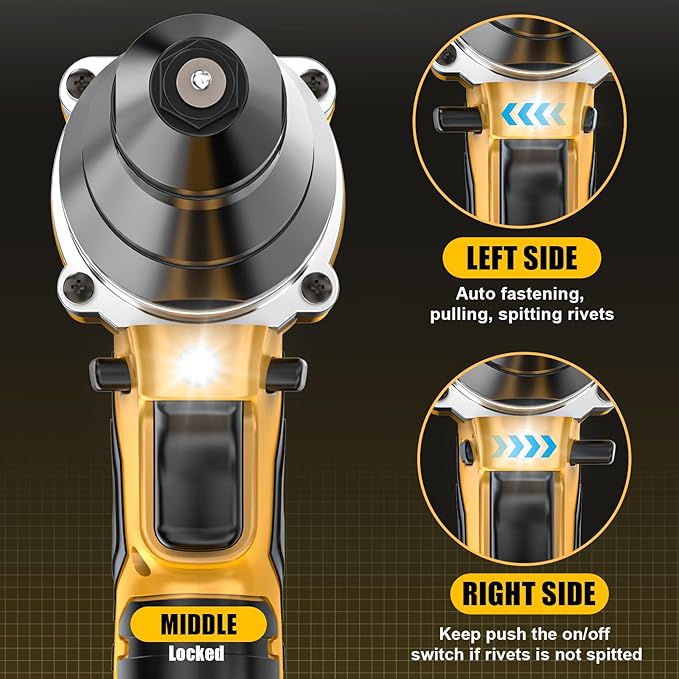 Cordless Rivet Gun Compatible with DeWalt 20V Battery,Brushless Electric Rivet Nut Tool with 3 Sizes Steel Rivets(1/8",5/32",3/16") & Nose Pieces, Professional Riveters Gun 20V(Tool Only)