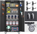 Garage Storage Cabinet with Wheels & Pegboard, 72" H Locking Metal Storage Cabinet with Doors and 4 Adjustable Shelves for Garage Workshop Home, Assembly Required, Black